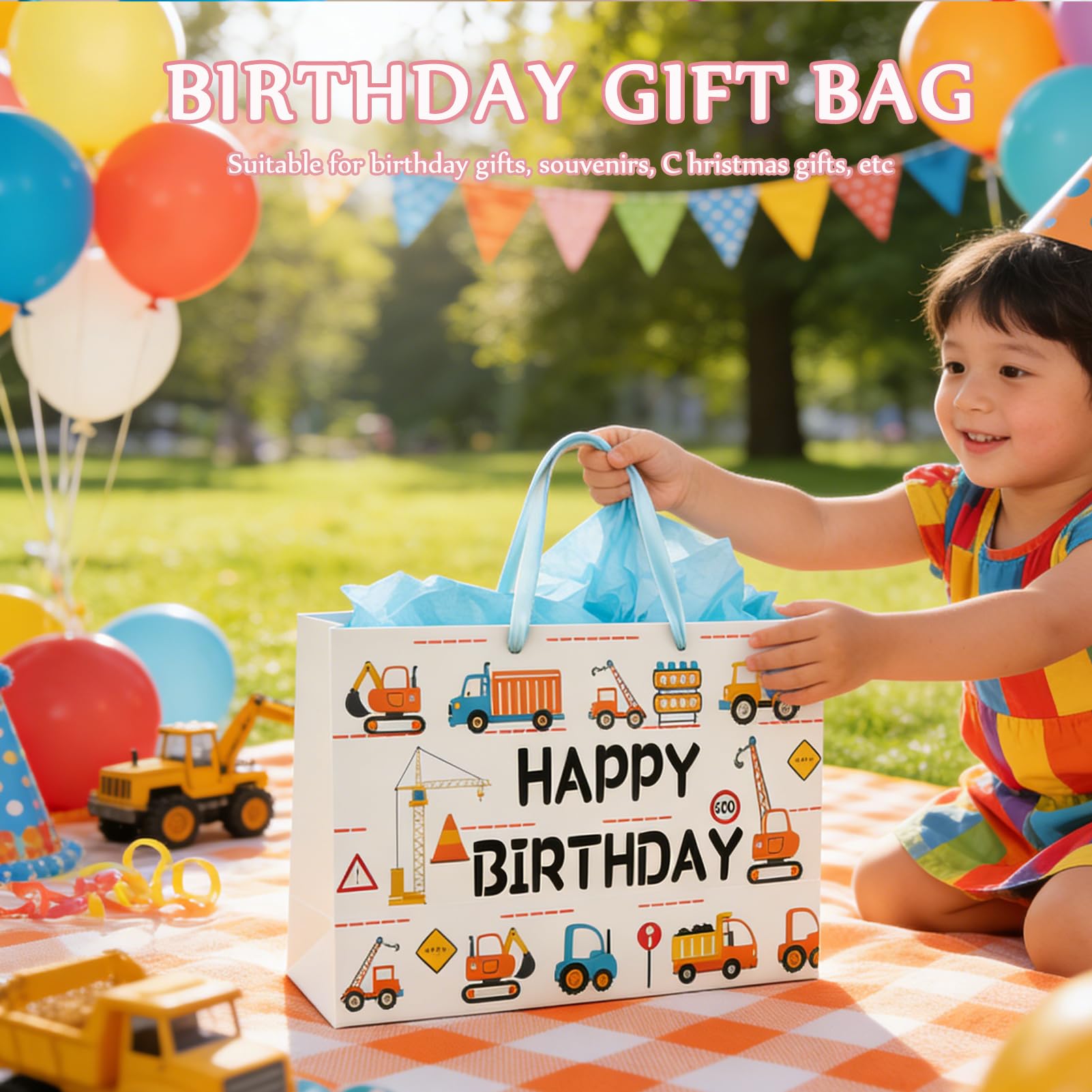LUCTHY Large Birthday Gift Bag with Handles, 3 Tissue Papers, Card, Car-1 - Image 7