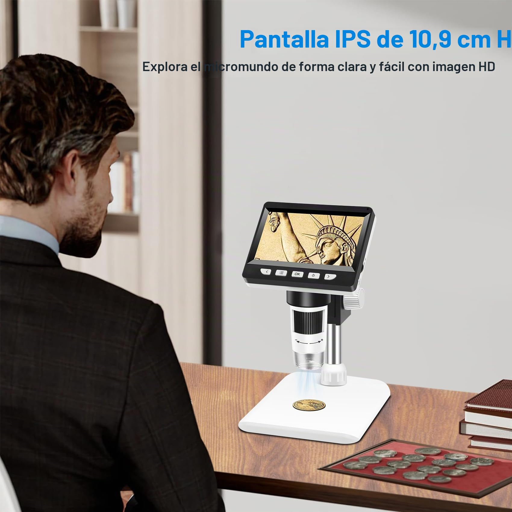 Microscopio Digital Portátil Adultos, 4.3 Pulgadas con 8 Luces LED Ajustables, Vista PC con 50-1000X Aumentos, Compatible con MacOS/Windows