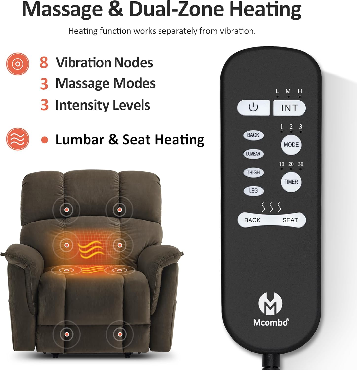 MCombo Dual Motor Oversized Power Lift Recliner Chair for Elderly with Dual Heating and Massage, Infinite Position Lay Flat Lift Chair for Big and Tall, Extended Footrest, Fabric R7166 (Coffee)