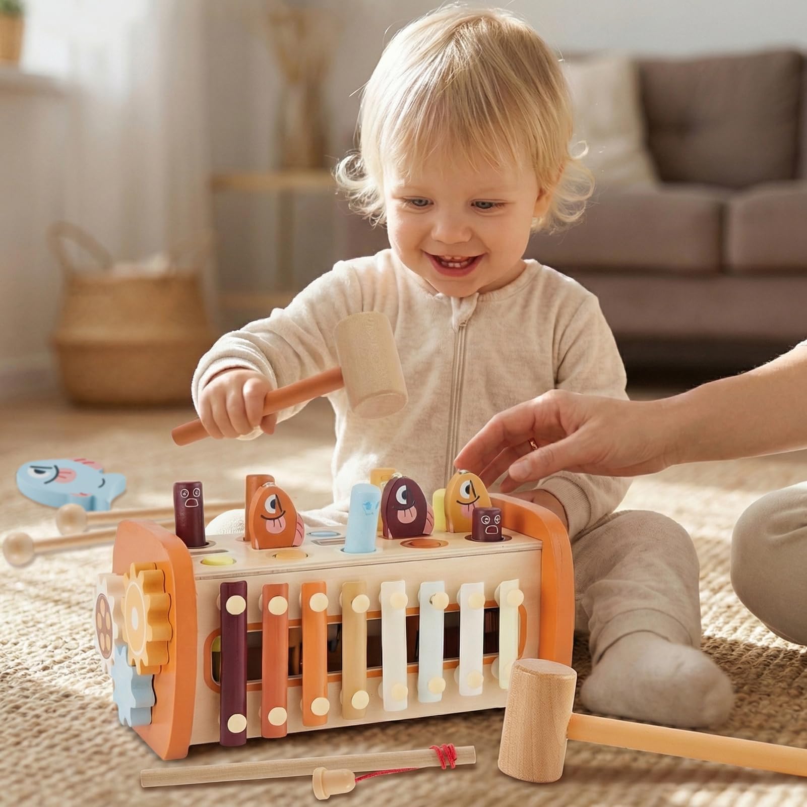 HYAKIDS Montessori Jouets en Bois, 6 en 1 Enfants Banc à Marteler, Jeu Marteau Pêche, Xylophone, Jouet Educatif Précoce pour 18+ Mois Garçons Filles
