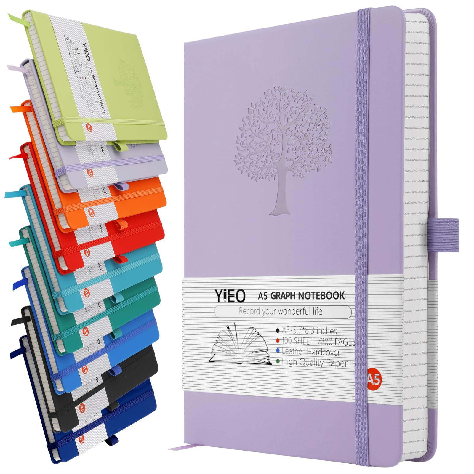 A5 Journal Notebook Graph Paper, 200 Pages Leather Squared Journal Notebook for Women Men, Hardback Note Book with 80GSM Grid Paper, No Bleed for Writing, Notepad for Office School Supplies, Purple
