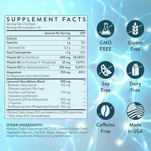 Miniatura 5 de C Calthorvitana Suplemento para Alivio de Migraña  Riboflavina Liposómica Vitamina B2 B6 y B12, Magnesio, CoQ10, L-Teanina, Sin PA Butterbur y