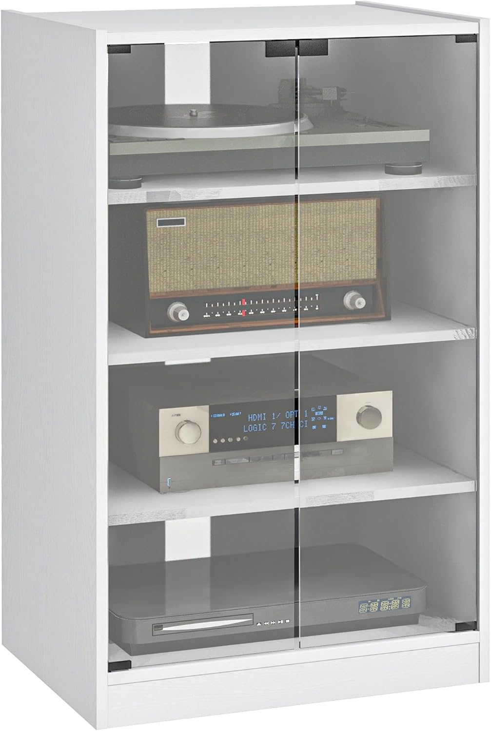 HOMCOM 4-Tier Media Cabinet Stereo Stand with Vinyl Storage, Adjustable Shelves, Tempered Glass Doors, Cable Management - Distressed White