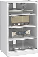 HOMCOM 4-Tier Media Cabinet Stereo Stand with Vinyl Storage, Adjustable Shelves, Tempered Glass Doors, Cable Management - Distressed White