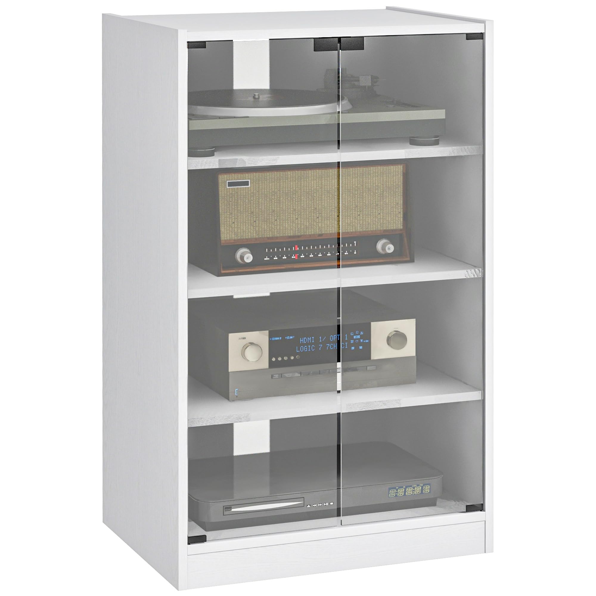 HOMCOM Media Cabinet, 4-Tier Stereo Cabinet, Record Player Stand with Vinyl Record Storage, Adjustable Shelves, Tempered Glass Doors and Cable Management, Distressed WhiteThe Forest Stewardship Council