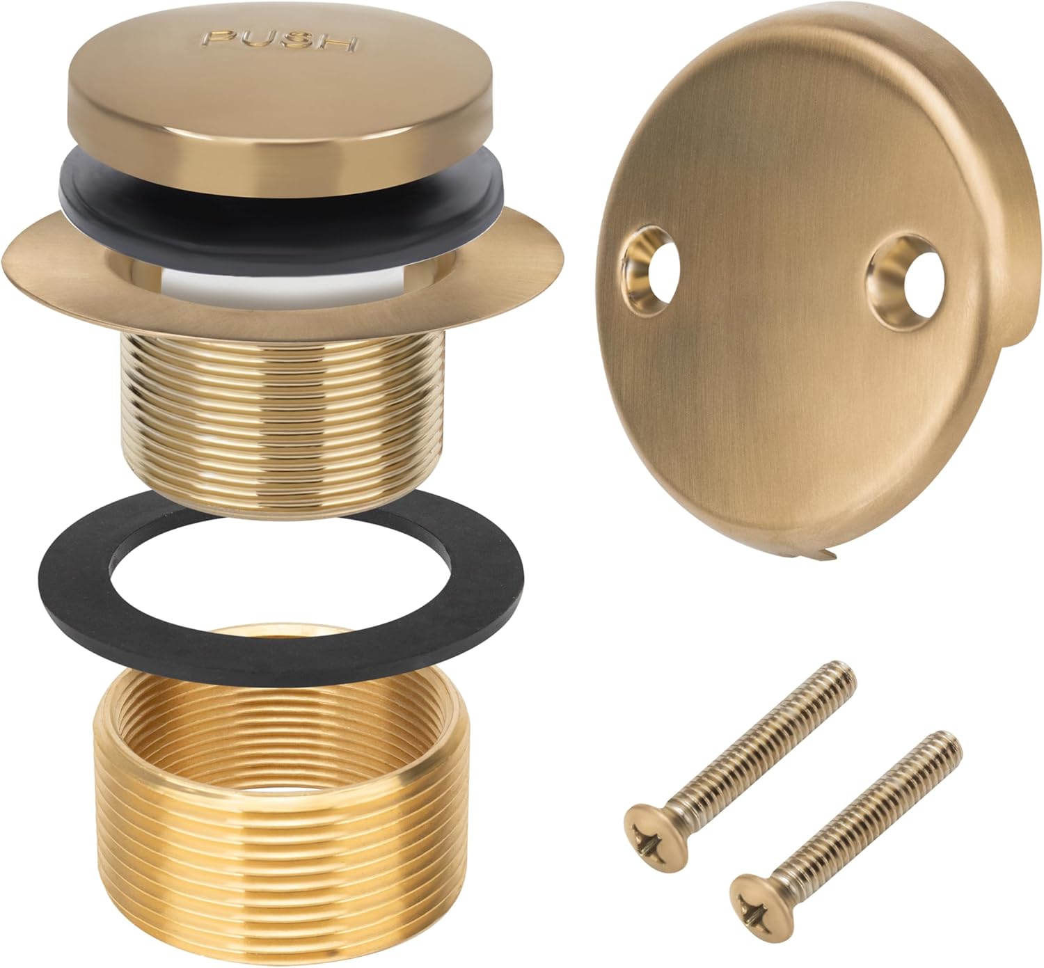 Tip-Toe Champagne Bronze Tub Drain with Two-Hole Overflow Faceplate - 11.5/16 UNC - No Putty Install - Replacement Bathtub Drain Trim Set with Universal Fine/Coarse Thread - Tub Drain Stopper