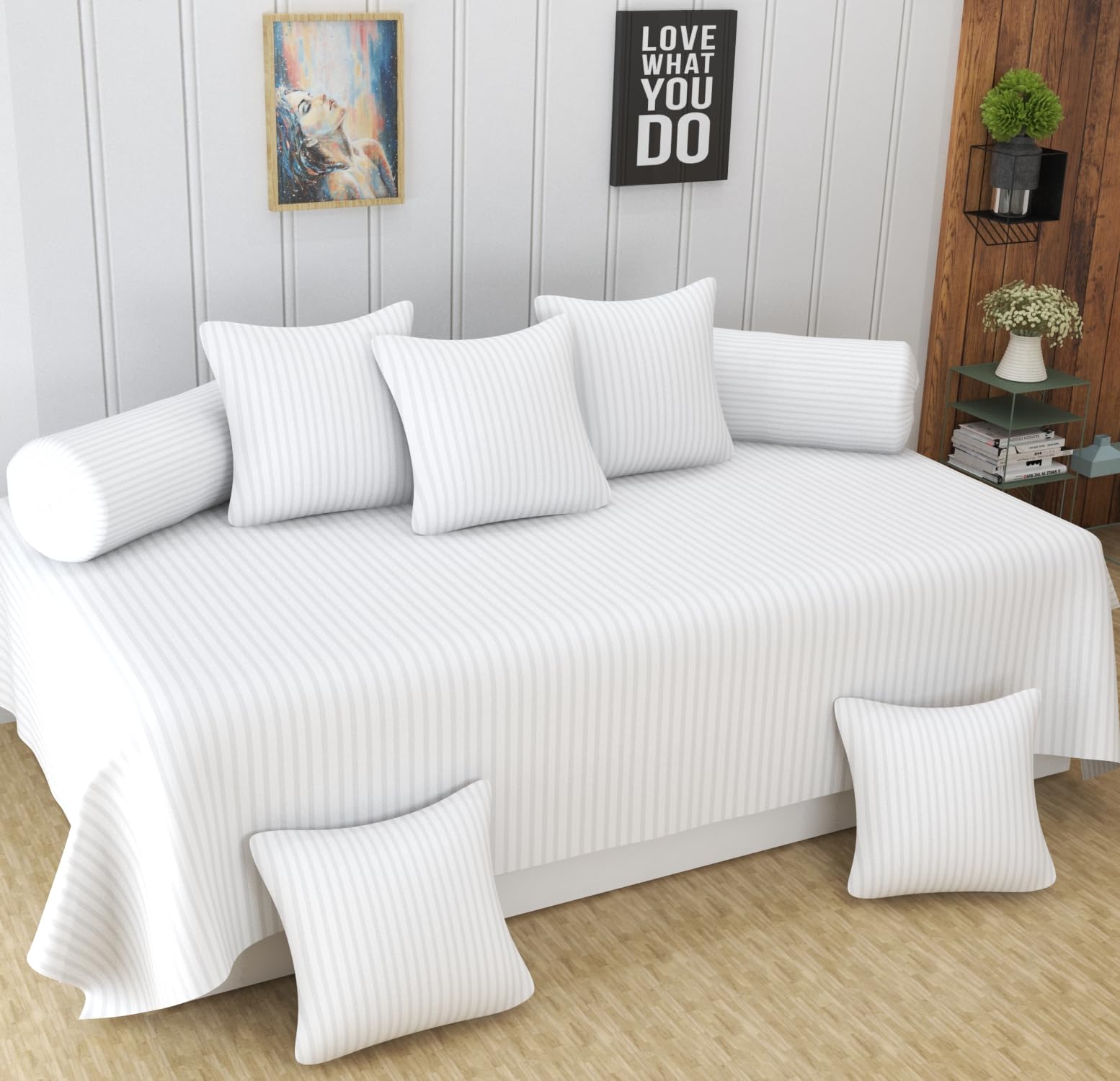 Homefab India 160 TC Stripe Glace Cotton Diwan Set - 8 Piece - White