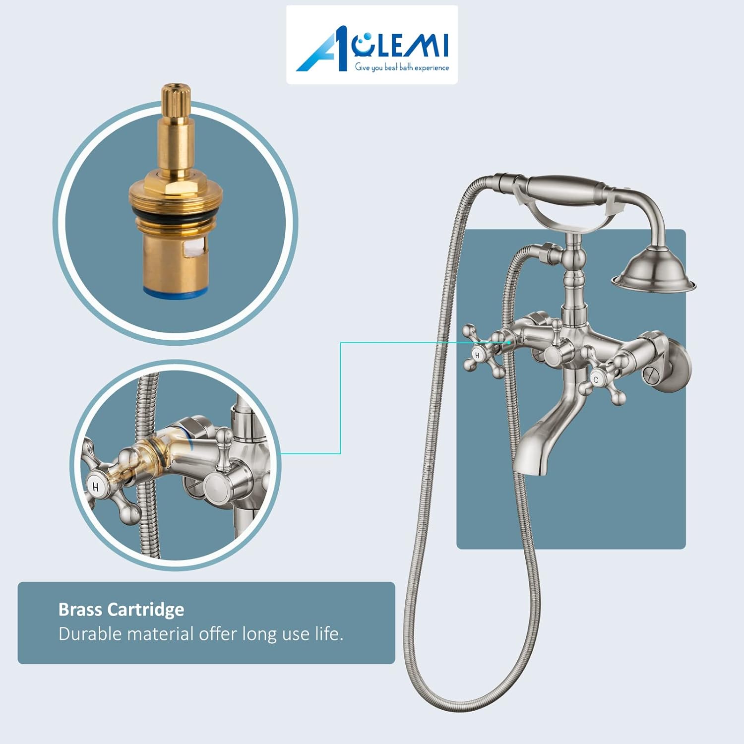 Aolemi Brushed Nickel Clawfoot Tub Faucet Wall Mount Bathroom Tub Filler Bathtub Shower Set Double Cross Handle with Handheld Sprayer