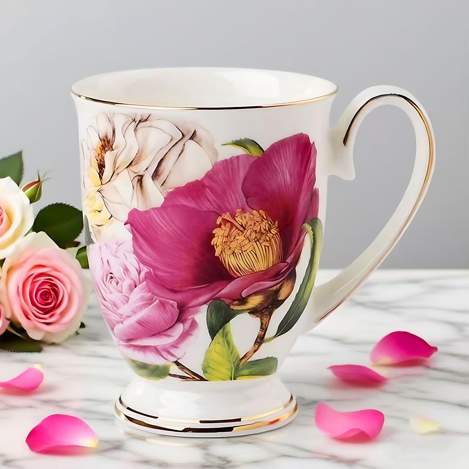 Lot de 4 tasses à café de 312 ml en porcelaine anglaise avec motif floral, grandes tasses à thé, café et chocolat chaud, idéales pour les cadeaux