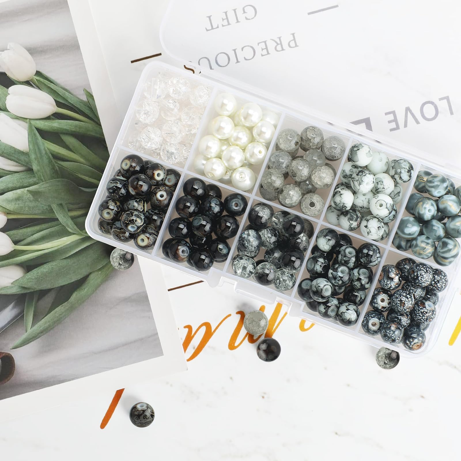 Rond Imprime Perle 200 Pièces Vrac Perles Rondes Artisanales VariéEs Perles D'espacement Perles En Vrac Céramique Perles De Verre Craquelées Pour Diy Bracelet Colliers(Couleur Mélangée
