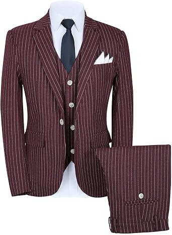 Mens Pinstripe Three-Piece Suit Notch Lapel Dresswear Tuxedo Set