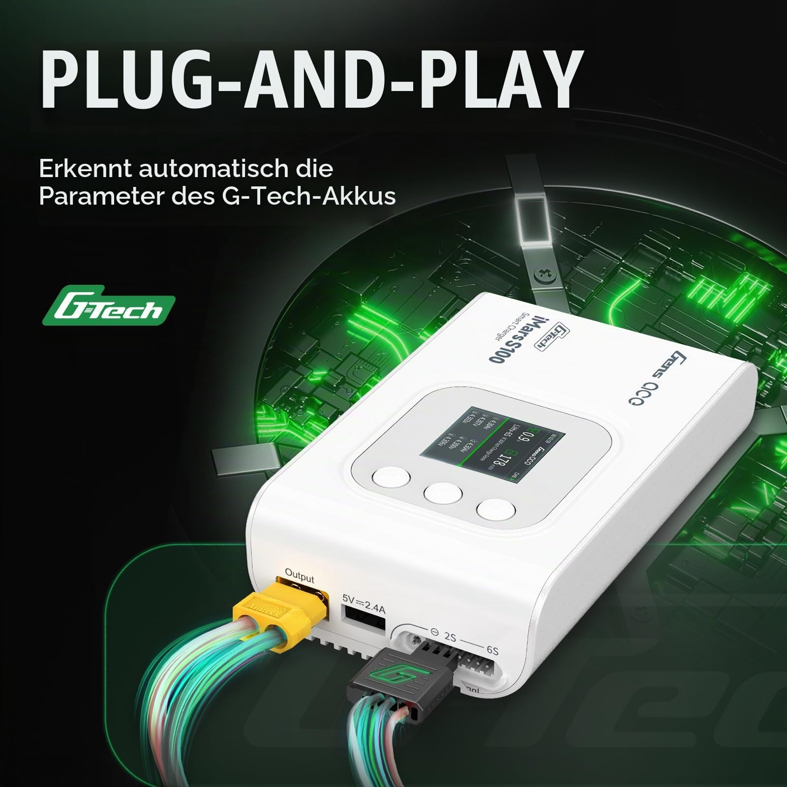 Gens Ace iMars S100 Smart Ladegerät 100W 10A – AC Lipo Balance Charger für 2S-6S Akkus, XT60 Ausgang, inkl. Adapter für Deans/EC3/EC5 – Profi-Ladegerät für RC Autos, FPV Drohnen & Flugmodelle, Weiß