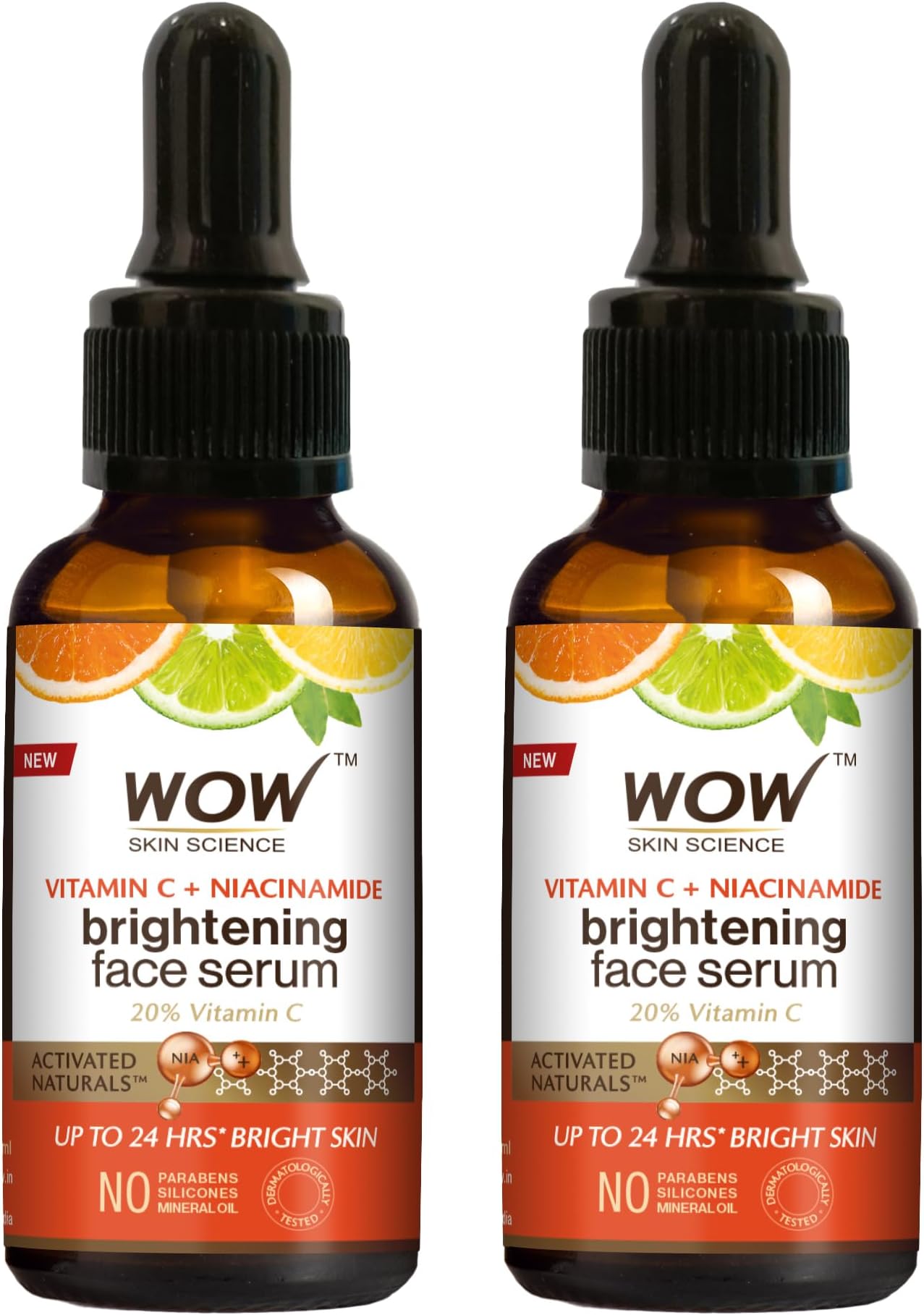 WOW Skin Science Brightening 20% Vitamin C Face Serum | Boost Collagen and Elastin for Anti aging, Skin Repair | For Dark Circles, Fine Lines | Glowing Skin | Hydrates | 30 ml | Pack of 2