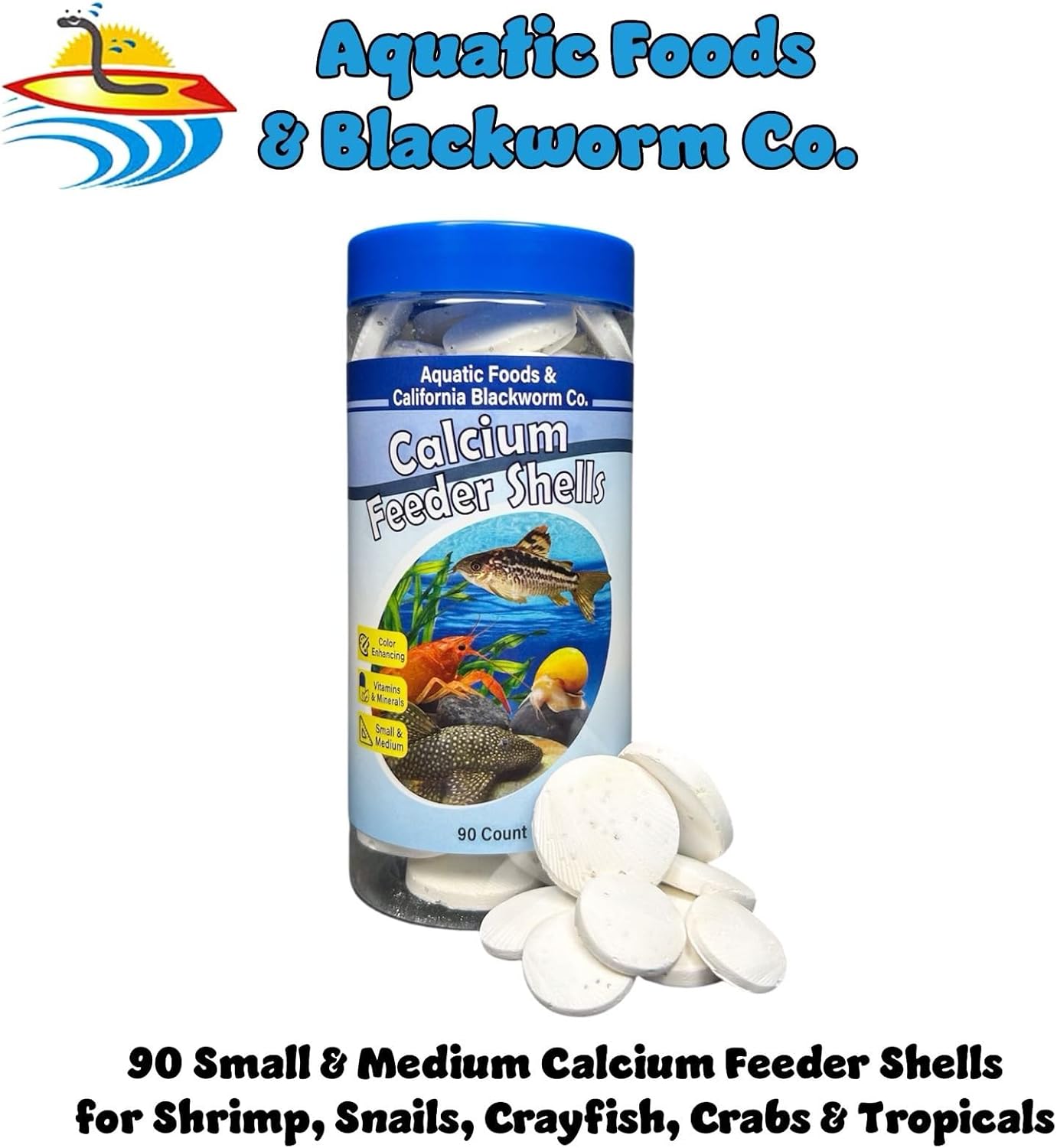 Aquatic Foods Inc. Calcium Feeding Shells, Small & Medium for Shrimp, Snails, Crabs, Crayfish, Plecos, Catfish, All Tropical Fish, 4-Type Wafer & 12-Type Pellet Mix Included...90 Count Canister