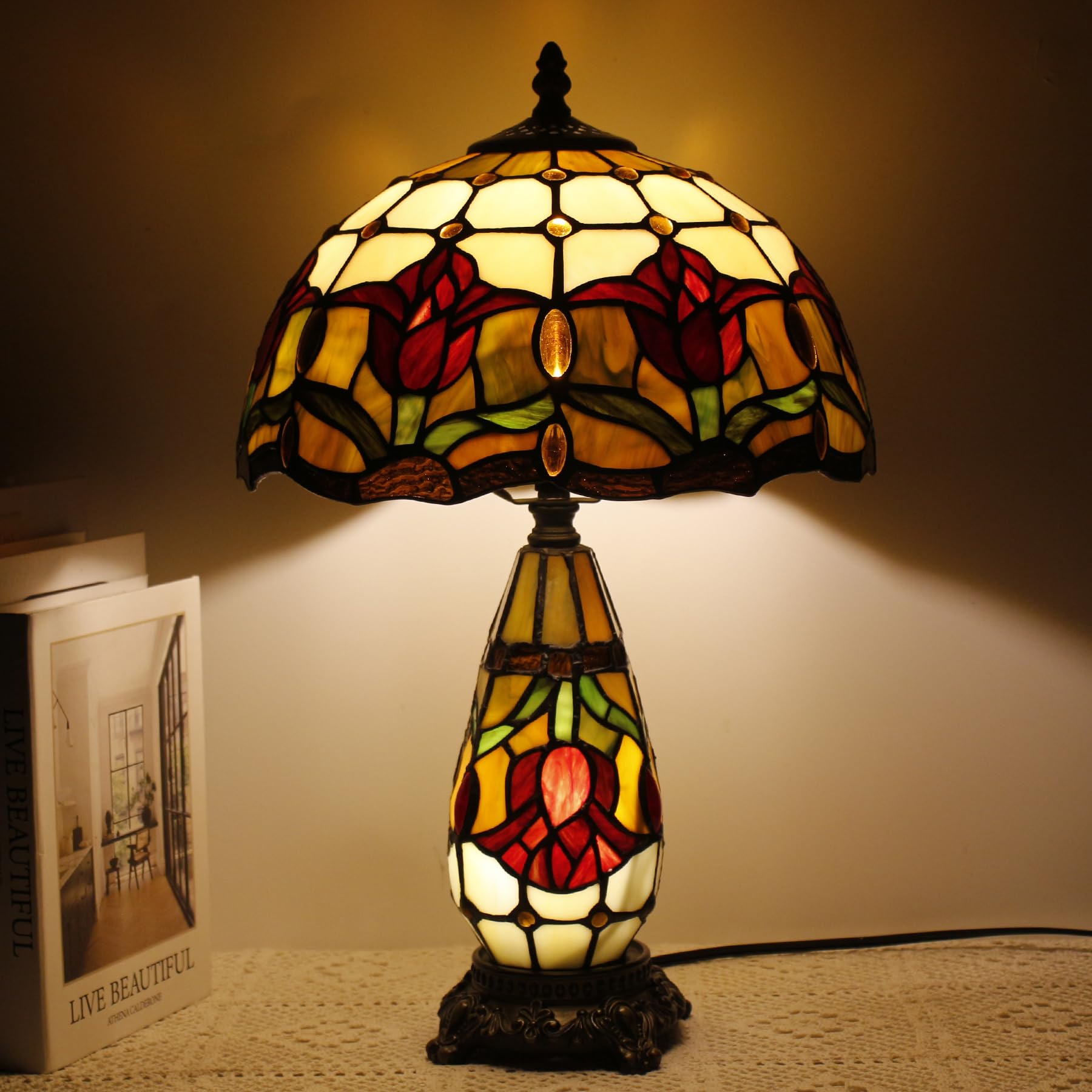 TCODTPOL Tiffany Stained Glass Table Lamp 12X19 Inches,Red Tulip Flower