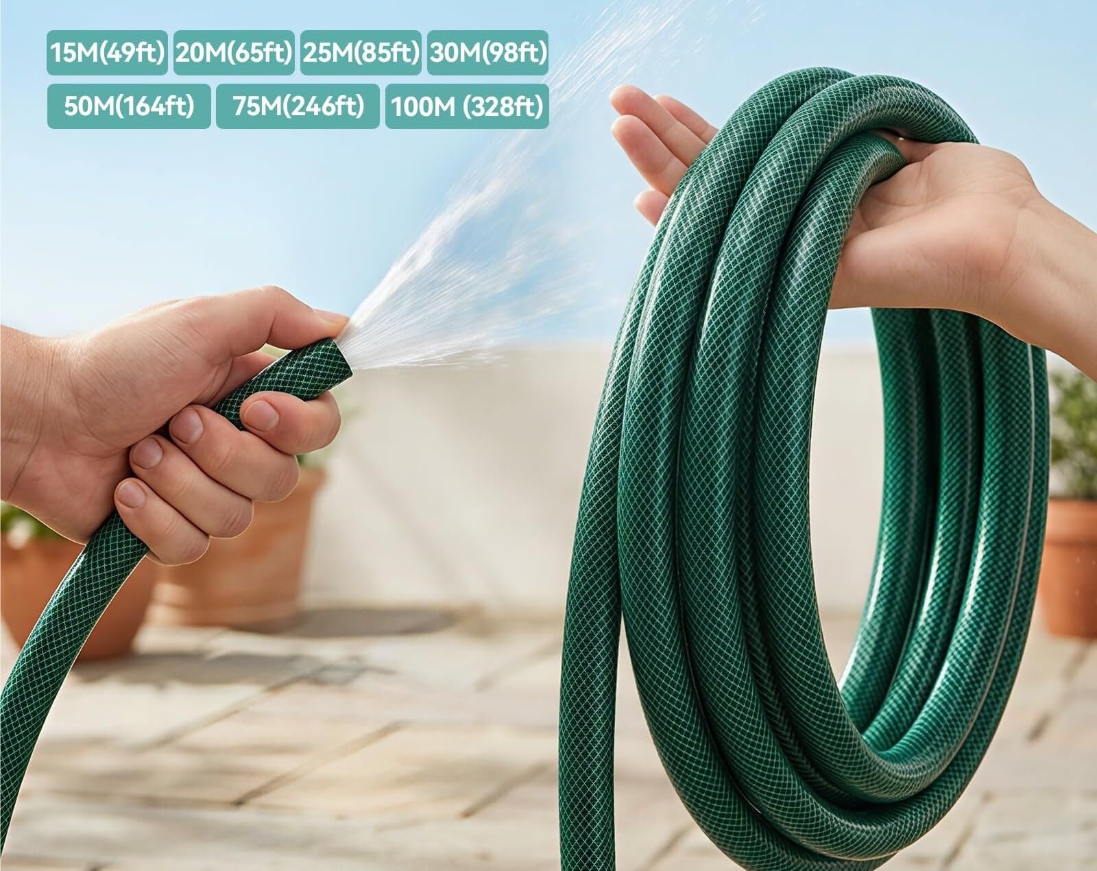 Manguera Jardín 15-50M, Manguera de Agua PVC Reforzado, Doble Capa, Resistente UV y Anti Algas para Jardín, Piscina, Spa(50 EU)