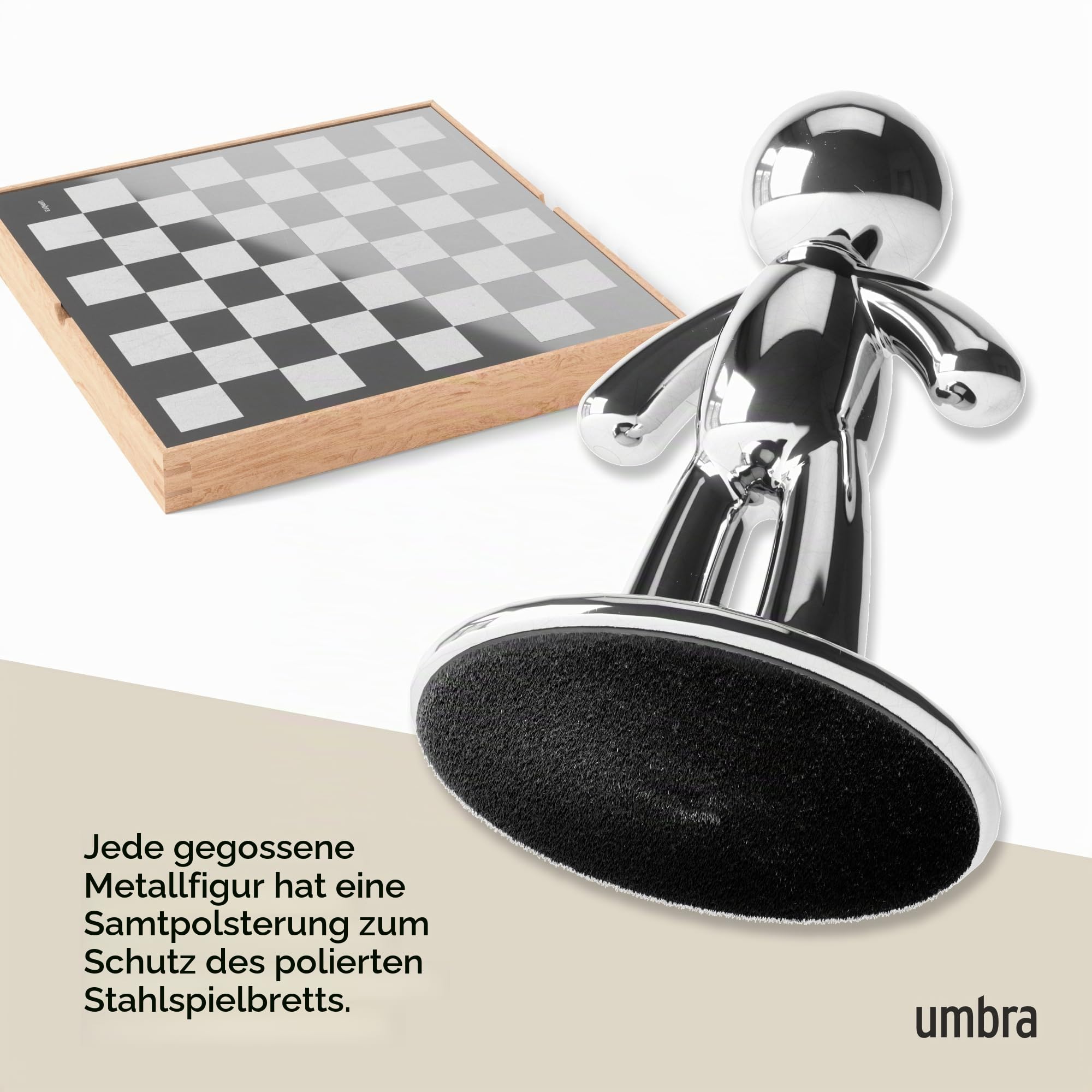 Umbra Buddy Schachspiel, Schachbrett Eschenholz, 36x36x6 cm, Natur | Zinkfiguren mit Samtboden, verstecktes Aufbewahrungsfach, Nickel und Titan Finish, robust für alle Altersgruppen