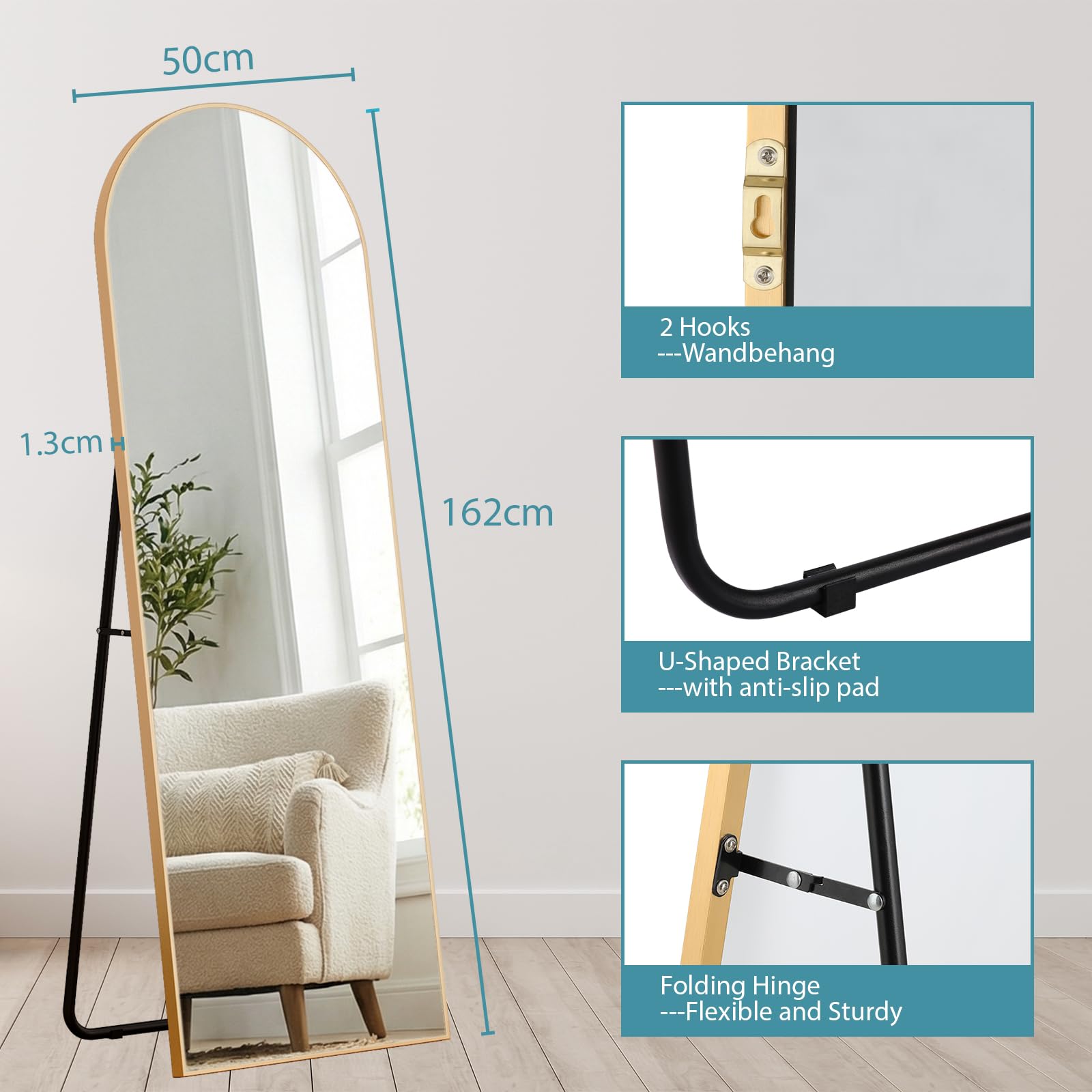 Clevich Gewölbter Standspiegel 162 x 50 cm, Groß Wandspiegel Ganzkörperspiegel mit Aluminiumrahmen, Anlehn- oder Hängespiegel für Wohnzimmer, Schlafzimmer, Eingangsbereich, Gold