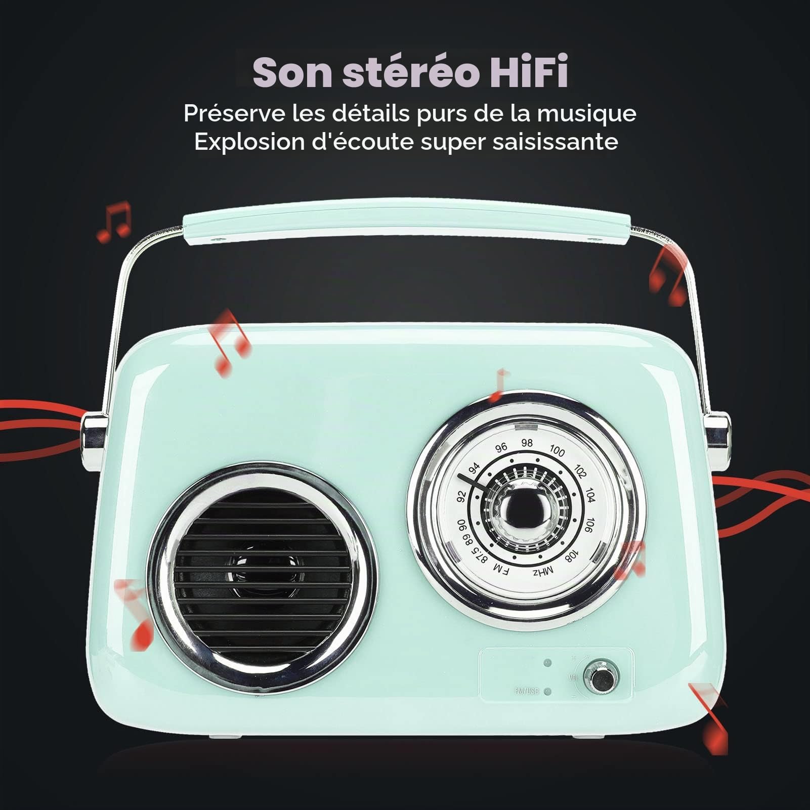Haut-Parleur Bluetooth Radio Rétro Vintage Portable, Style Ancien HiFi Stéréo, Batterie 1500 MAh pour Voyage, Maison, Plage, Cuisine (Menthe Verte)