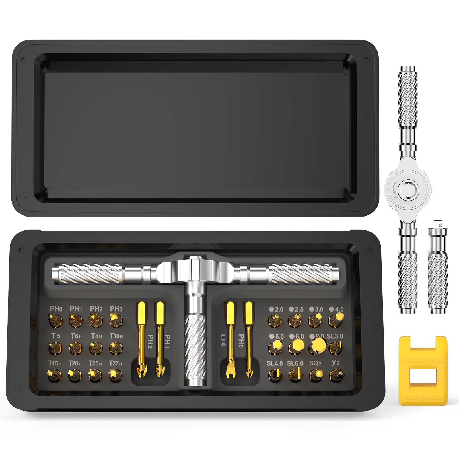 30 in 1 Magnetic Screwdriver Set, Multi Bit Ratchet Screwdriver Set with Detachable T Handle, Portable Compact Repair Screwdriver Tool Kit for Home Furniture Computer Bicycle