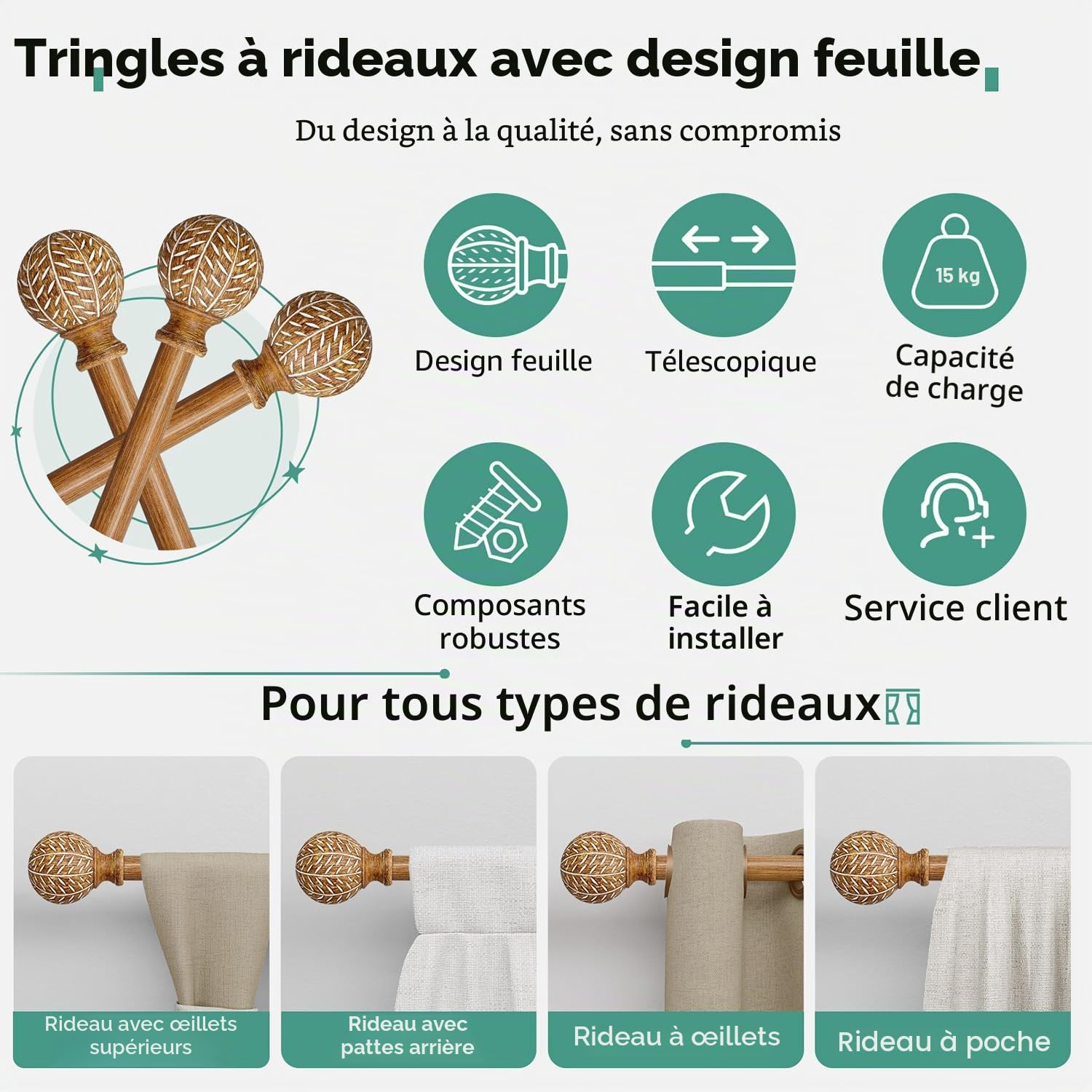 Tringle à Rideau Extensible Aspect Bois 80-365 cm, ø25 mm MéTal | Fixation Murale Style BohèMe Avec Embouts à Motifs De Feuilles Supports Inclus Haute RéSistance Pour FenêTre Salon Et Chambre