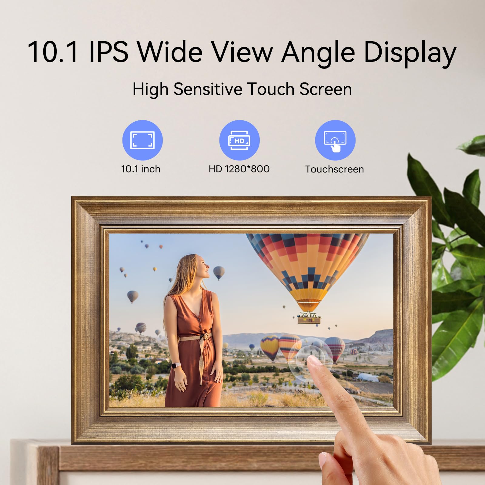 Digitaler Bilderrahmen 10 Zoll WLAN 16GB Speicher 1280x800 IPS Touchscreen Holz