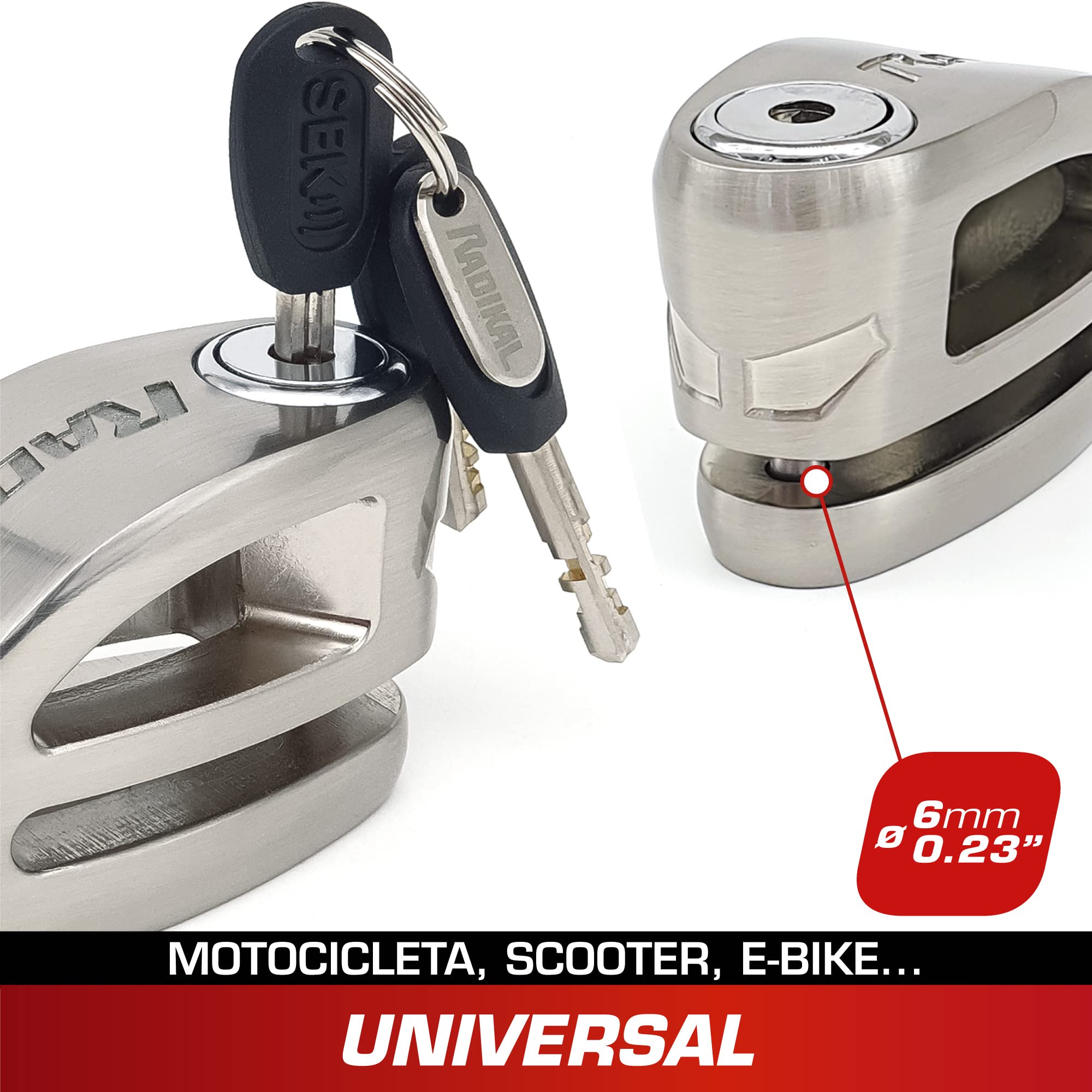 Radikal RK306S Candado Moto Disco, Diseño Más Ligero de Doble Puente, Fácil Bloqueo Click, Cerradura Anti-Ganzúa y Anti-Taladro, Antirrobo Bloqueo Pinza Freno Universal Bicicleta, Patinete Electrico