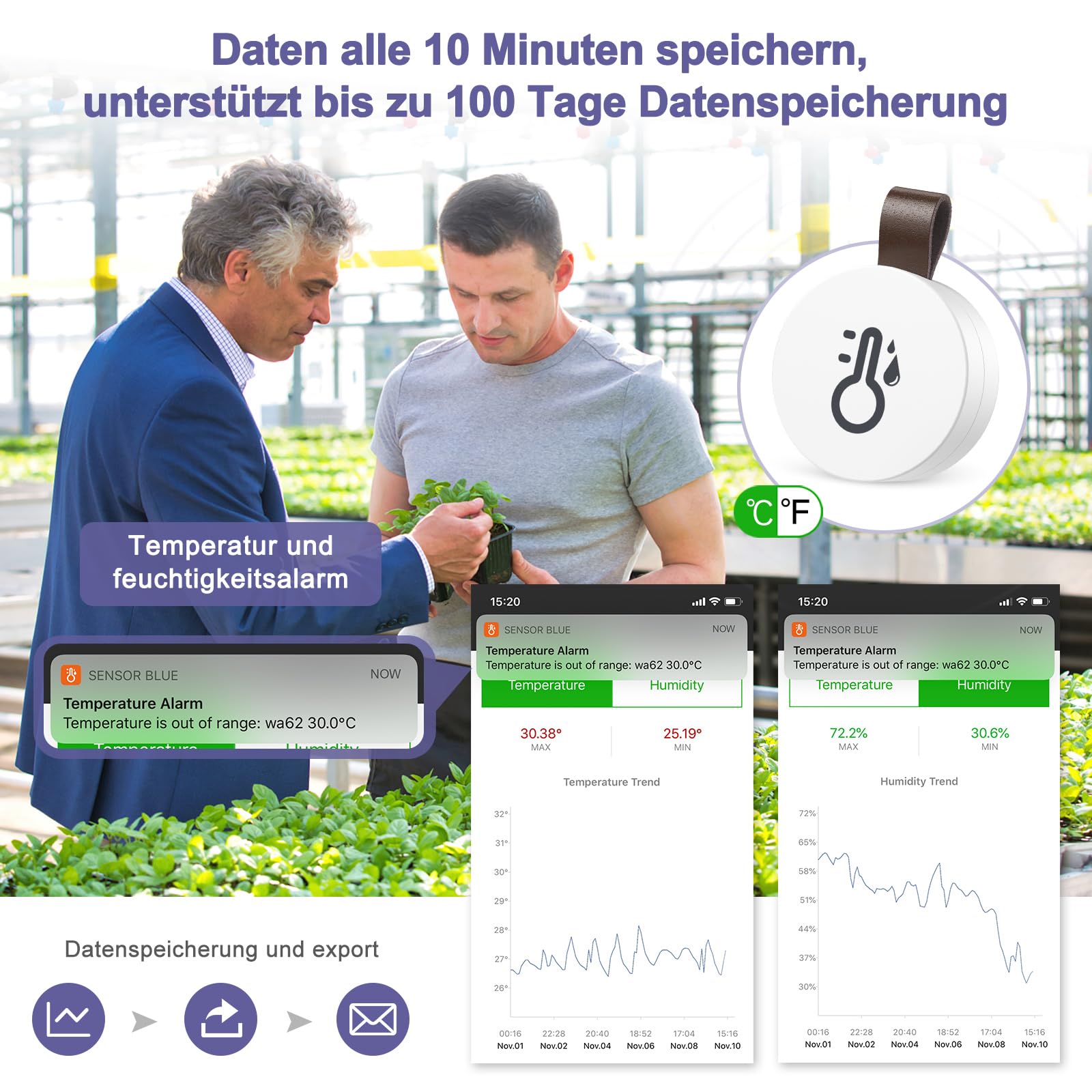 Termometr Bluetooth Higrometr, miernik temperatury i wilgotności powietrza z aplikacją i przechowywaniem danych, cyfrowy czujnik temperatury i wilgotności do biura, szklarni, piwnicy na wino, 2