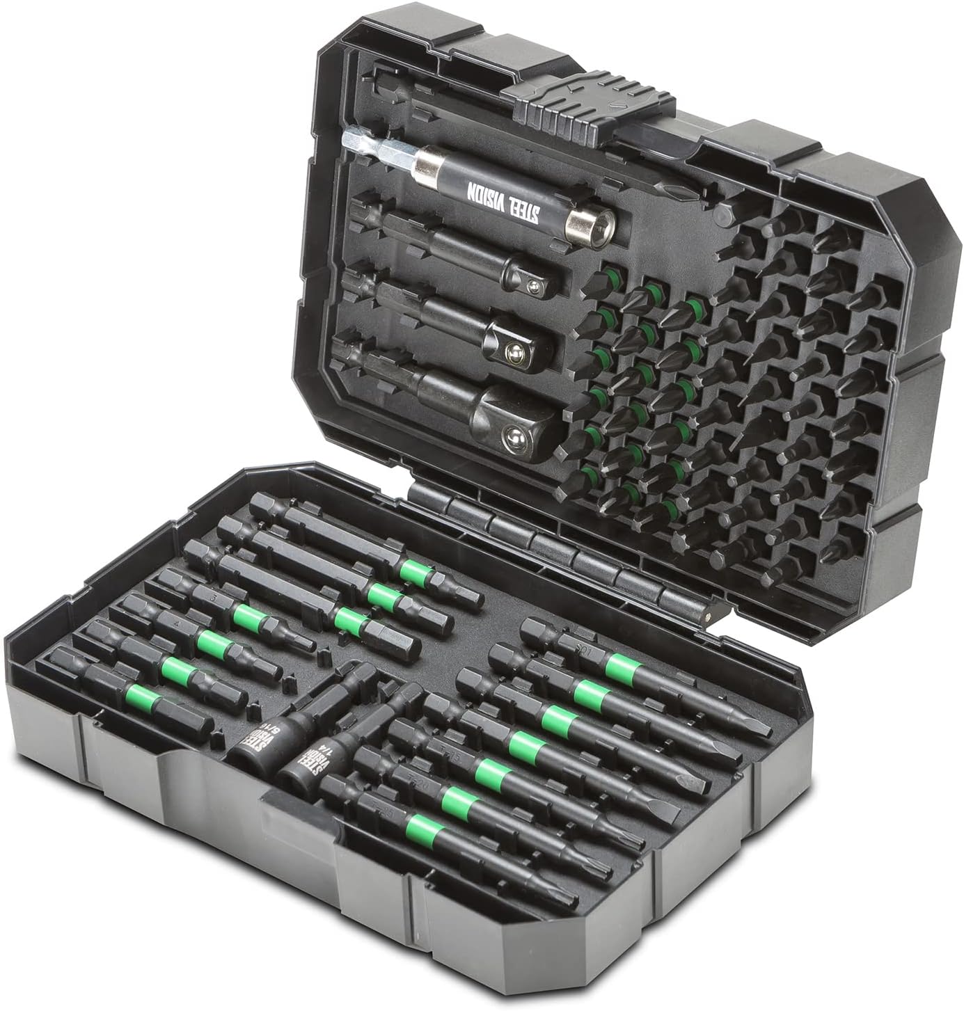 Steel Vision Tools 73 pc Torsion Bit Set – Includes Phillips, Pozi, Square, Slotted, Star, Hex Bits, Nutsetters, and Adapters – 1", 2", 3" Lengths for Versatile Use – Heavy Duty, Precise, and Durable