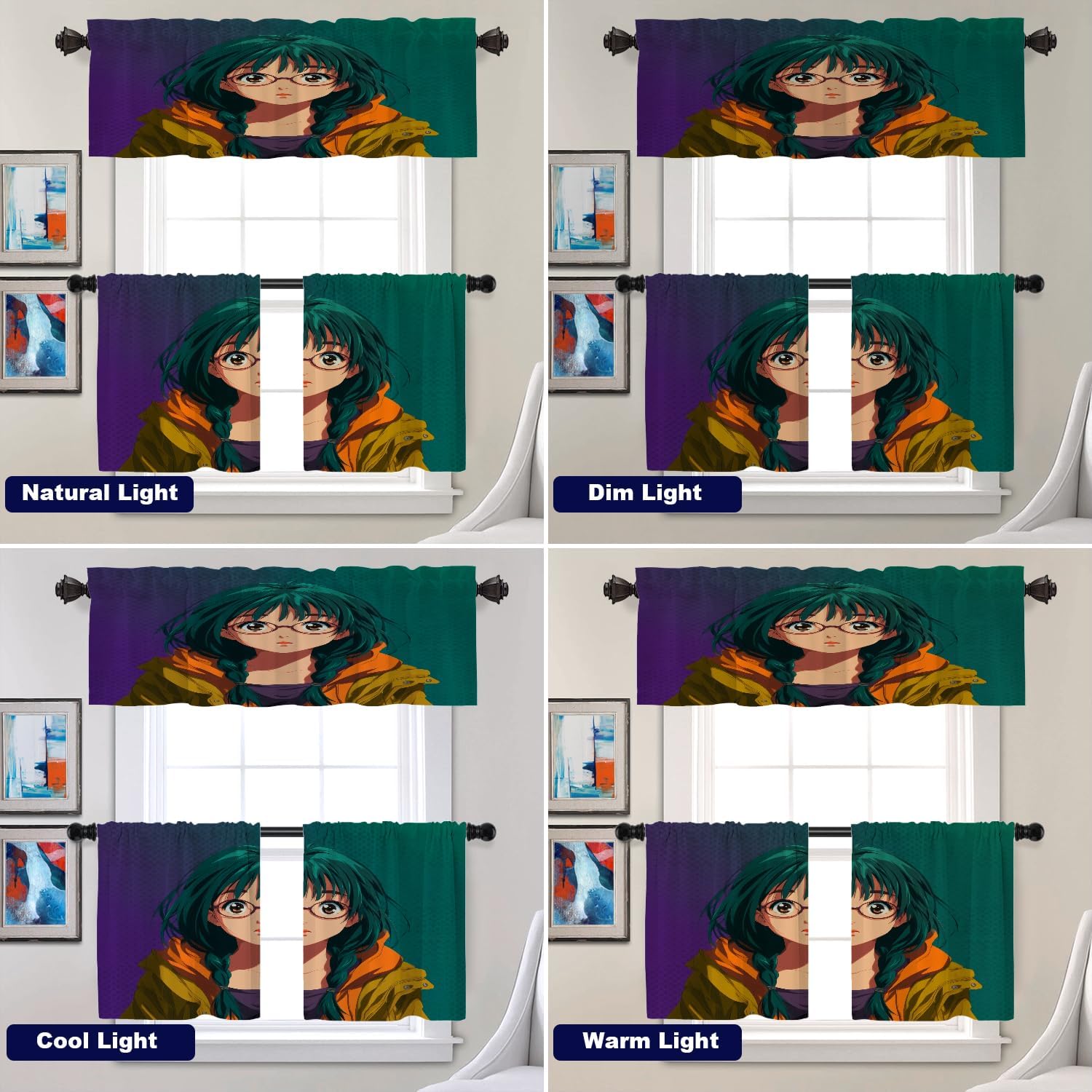 Batmerry Anime Character Manga Girl Tier Curtains, Young Female Illustrated Portrait Cafe Curtain Short Kitchen Drapes Small Valance for Bathroom, 2 Pack 26X24 Inches