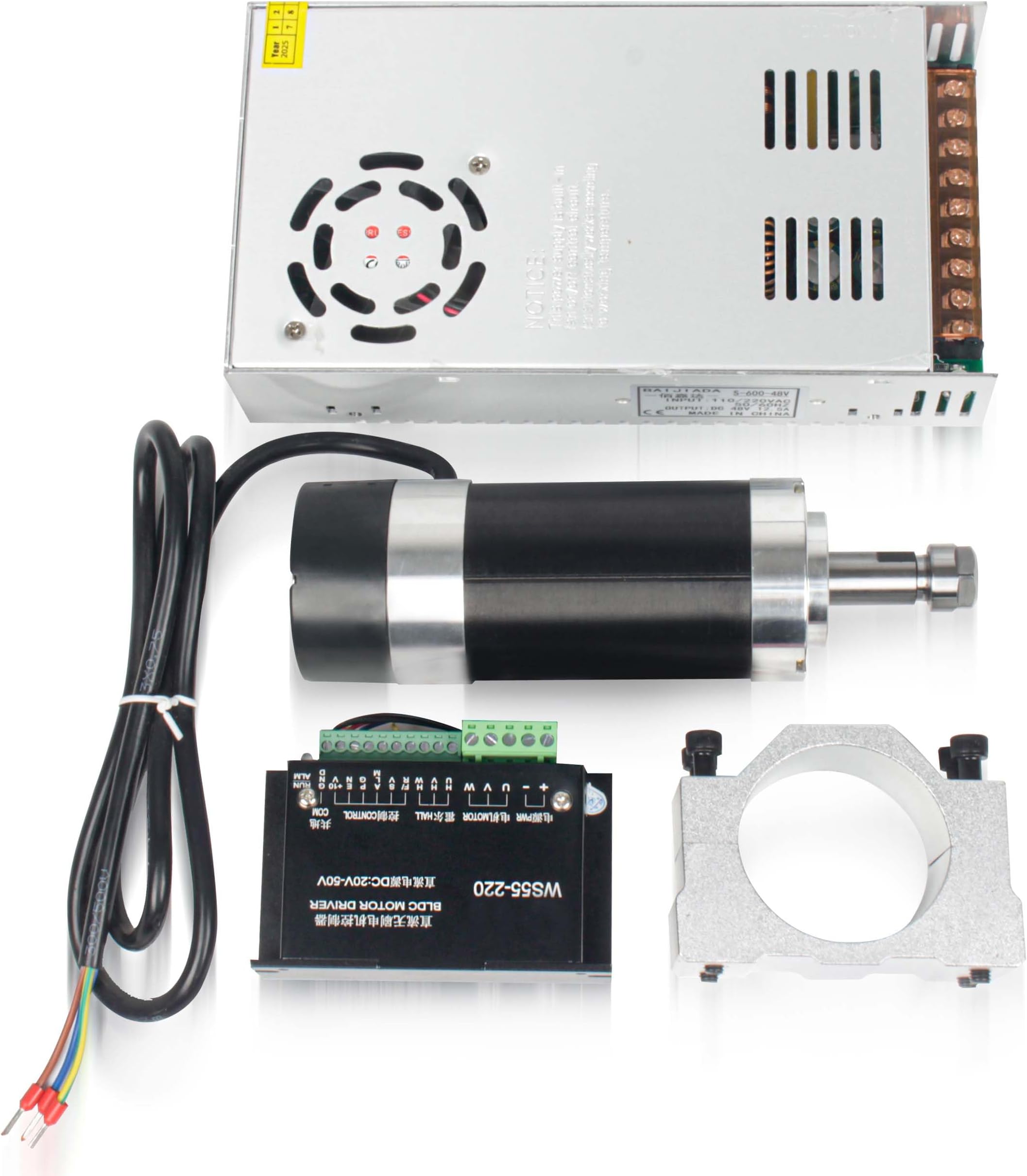 RATTMMOTOR 500W CNC Brushless DC Spindle Motor Kit 48V DC Air Cooled Spindle Motor ER11 12000RPM+500 Watt Brushless Driver Controller+600W DC Switching Power Supply+55mm Spindle Mount for CNC Router