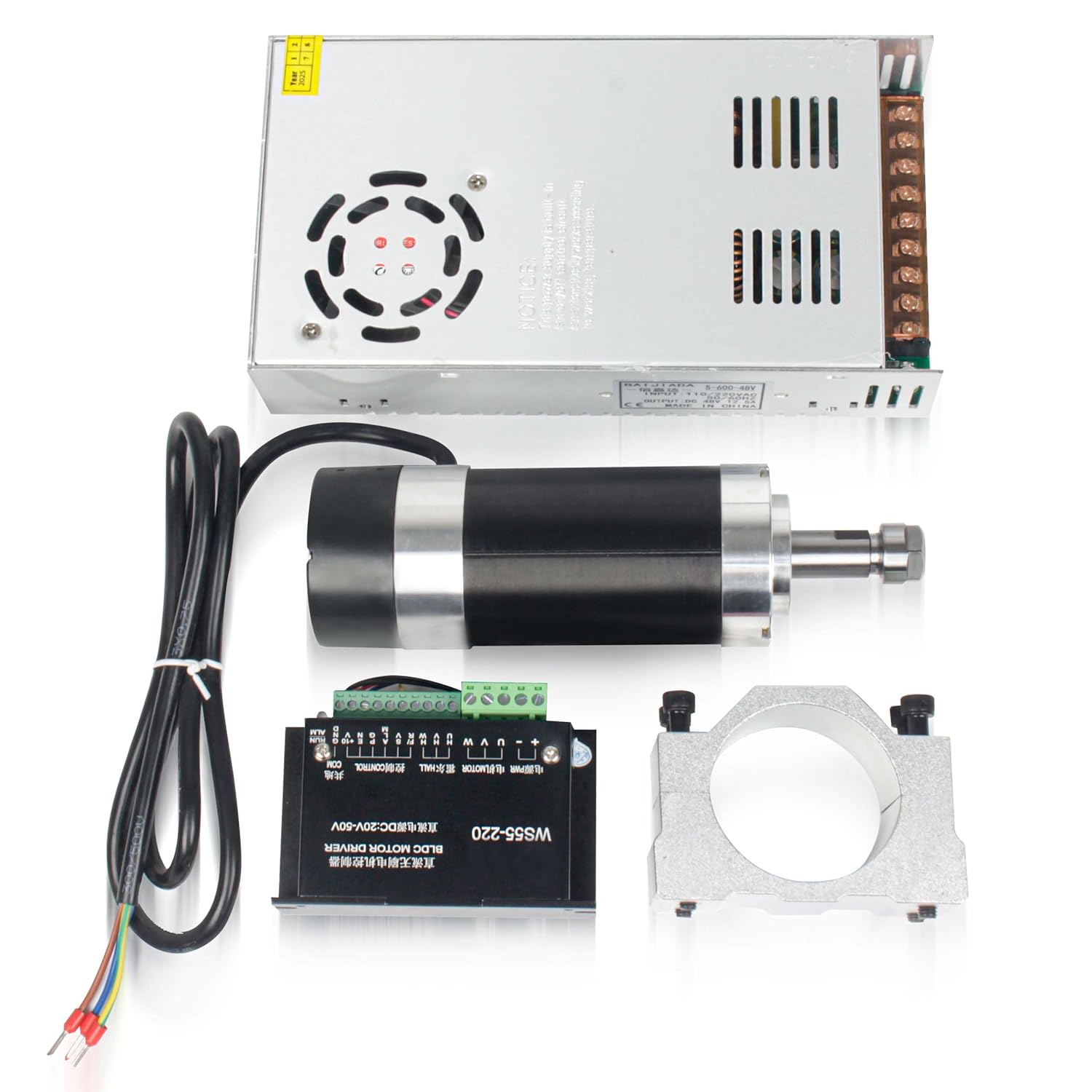 RATTMMOTOR DC Brushless Spindle Motor Kit, 500W 48V Spindle Motor Air Cooled ER11, 12000RPM, 0.6N.m, 55MM+BLDC Driver Motor Speed Controller 600W Spindle Power Supply+Clamp Mount for CNC Router