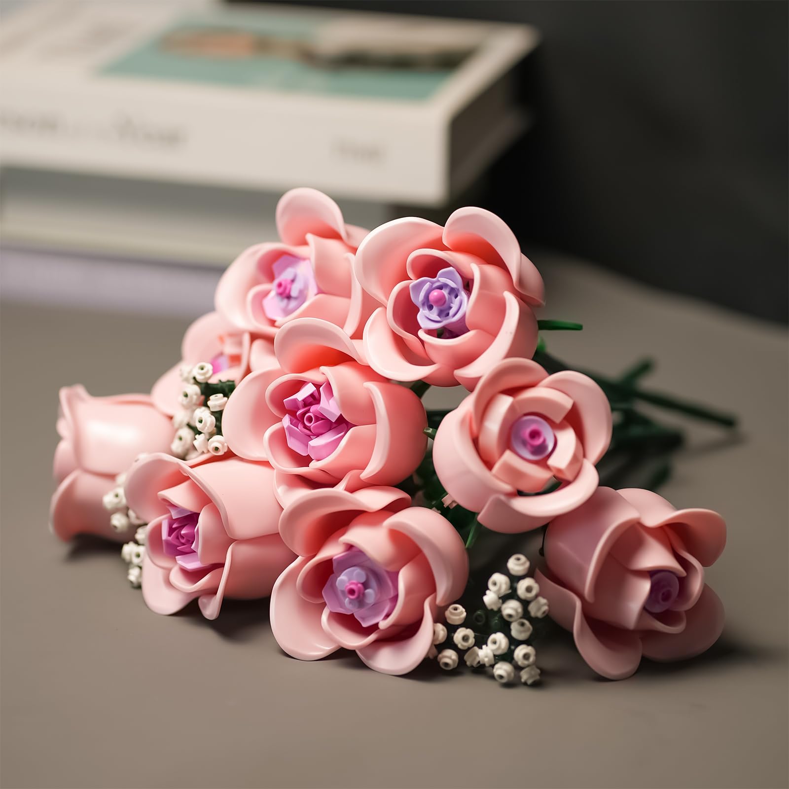 Rosa Rosen Blumenstrauß Klemmbausteine mit Schleierkraut, Künstliche Blumen Botanische Kollektion, Geschenk für Frauen zum Muttertag, Ästhetische Raumdeko