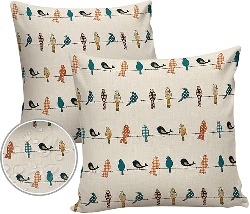 Juego de 2 fundas de almohada decorativas para exteriores, fundas de almohada suaves, impermeables, 16 x 16 pulgadas, pájaros en los alambres con