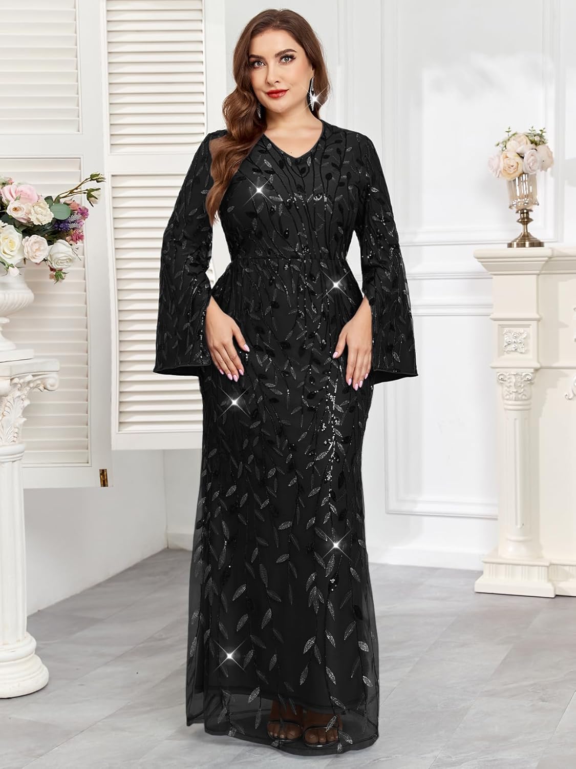 Plus Size Formal Dresses Long Flared Sleeve V-Neck Evening Gowns Wedding Guest Sequin Embroidery Prom Maxi Dress - Image 3