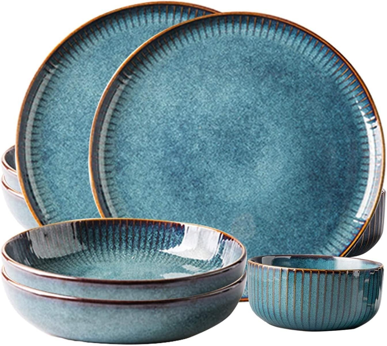 Blue Dinnerware Sets, Plates and Bowls Sets, Stoneware Dish Set, Round Reactive Glaze Stoneware Dinnerware Set (16 Pieces)