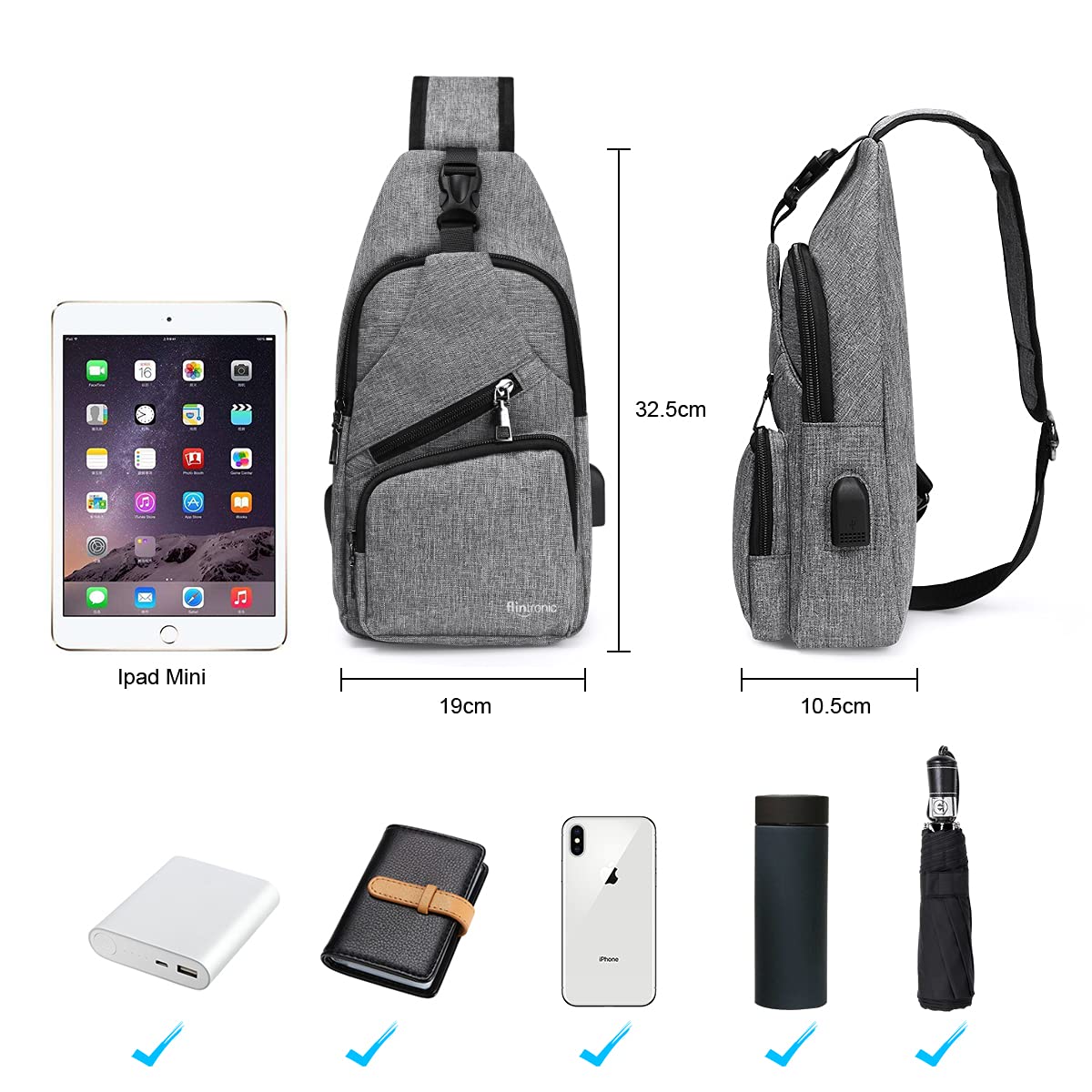 flintronic Zaino Monospalla Sling Bag, Borsa a Spalla Uomo, Borsello Tracolla (includere 1 Cavo USB)