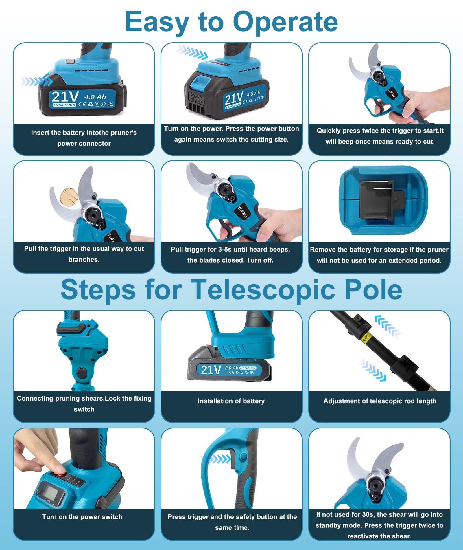 TOPALL Tijeras de Podar Electricas, 40MM Tijeras de Podar Bateria con Palo Telescópicas – Hasta 5M de Alcance, Profesionales Podadora Electrica con 2x4000mAh | 800W Motor Sin Escobillas | Pantalla LCD