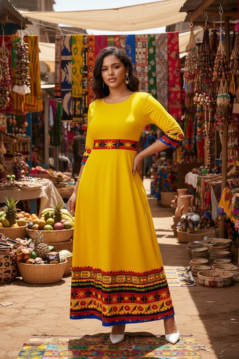 FANDEE Casual Maxi Dresses for Women Elegant 3/4 Sleeve Round Neck Africa Print Church Dress with Pocket - Image 4
