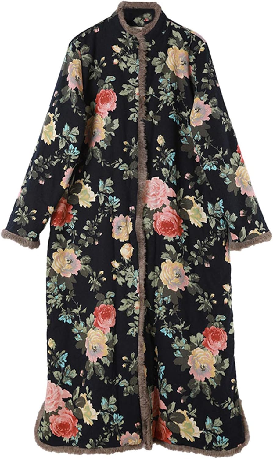 LUZU JUNU Women’s Cozy Long Fleece-Lined Trench Coat Jacket with Floral Prints Warm Stylish Versatile