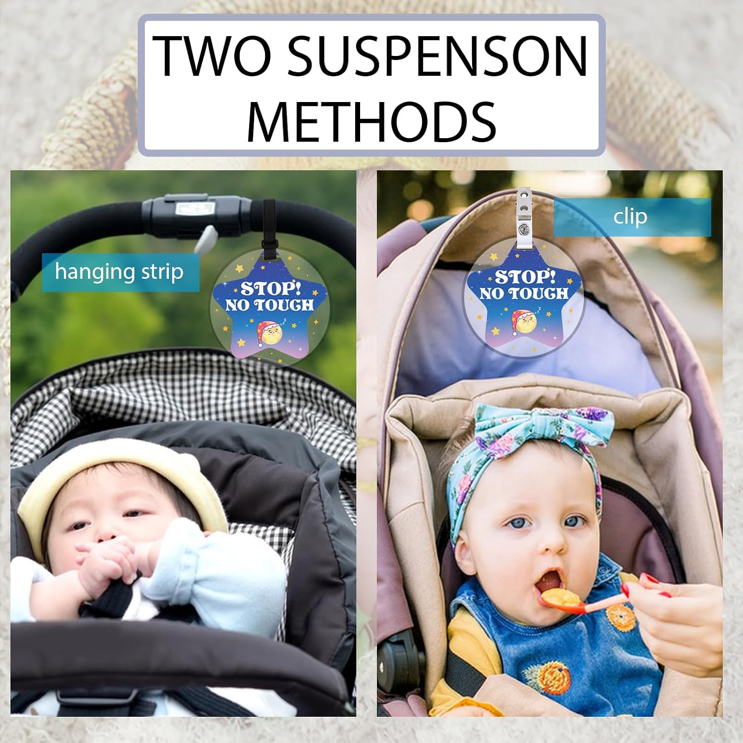 FREEBLOSS 2 Pack Star No Touching Baby Sign Baby Car Seat Sign Newborn Stroller Tags Please Dont Touch Plaque with Hanging Straps and Clips for Newborn Boys and Girls image 4