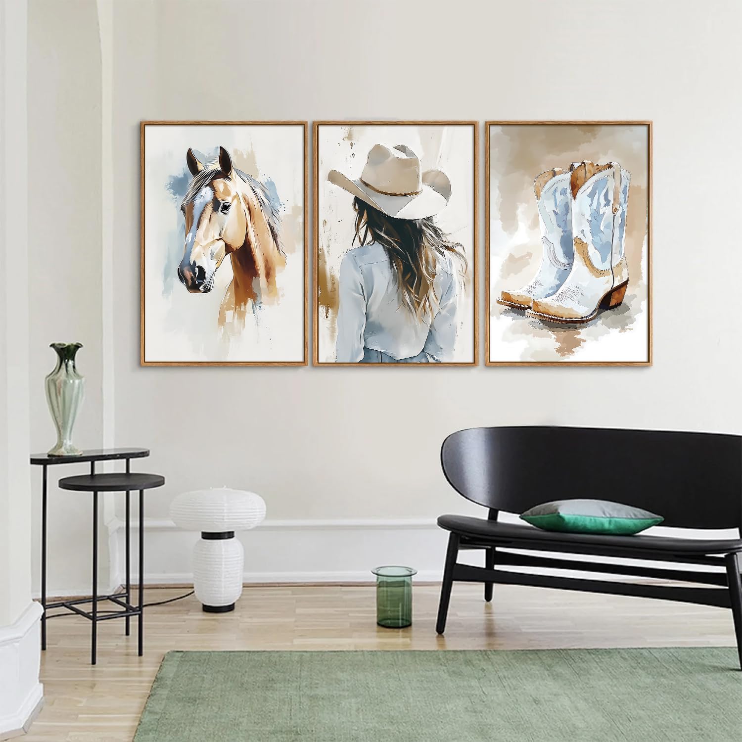 lianyibo Duży plakat westernowy kowbojka na płótnie, dekoracja ścienna z niebiesko-białymi końmi, efektowne buty rodeo, nadruk artystyczny do domu, 60 x 80 cm x 3
