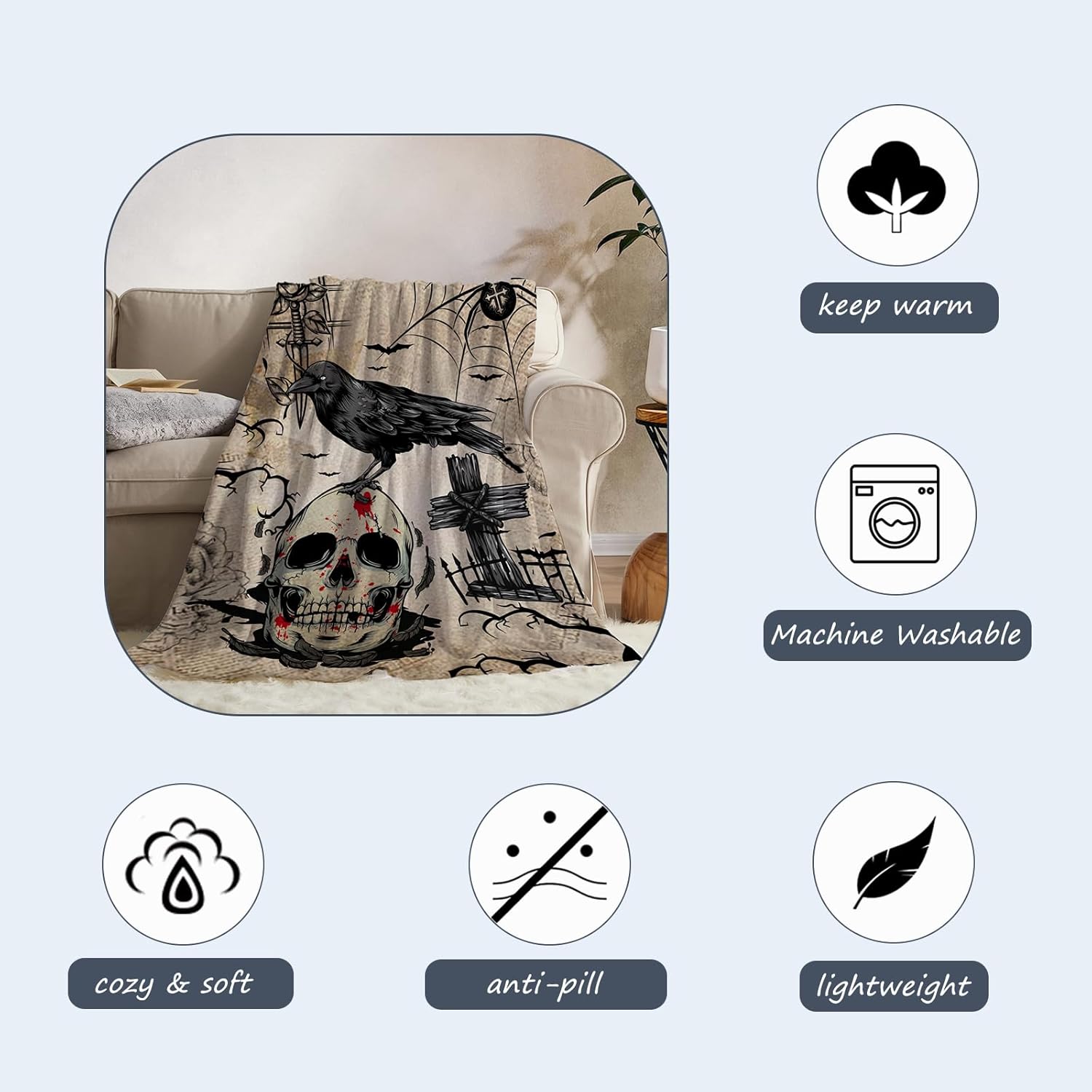 Neatee Living Halloween Throw Blanket Twin Vintage Skull Blanket for Women Men Adult Halloween Lightweight Fuzzy Soft Cozy Fleece Blankets and Throws Couch Sofa Bed Decorative Blanket 60x80 - Image 5