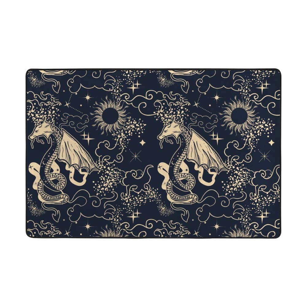 Grand tapis mystérieux 203x147 cm noir avec motif ethnique tribu dragon et soleil