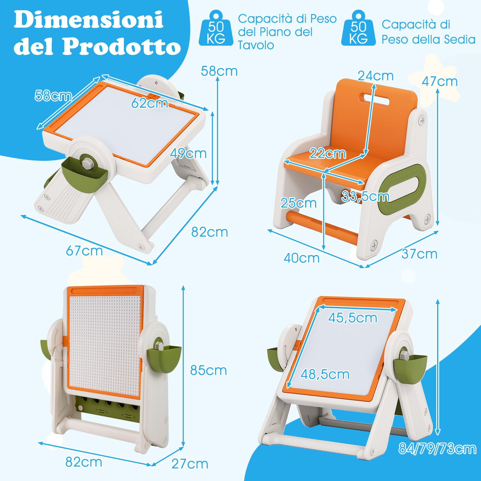 COSTWAY Set Tavolo e Sedia 6 in 1 per Bambini 18+ Mesi, Tavolino Pieghevole con Piano Reversibile, Porta Penne, Cesti Contenitori e Scaffale, Tavolo Salvaspazio per Giochi per Cameretta (Arancione)