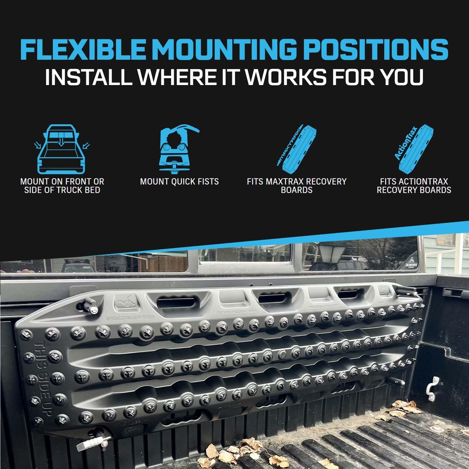 Rago Fabrication Recovery Board Mount for Off-Road Trails - Compatible with Tundra & Tacoma Factory Bed Rails, Compatible with ActionTrax & MaxTrax Mount Recovery Boards, Black Powder Coat