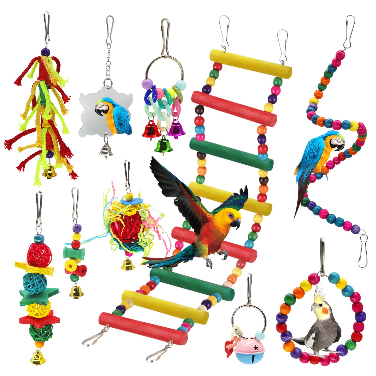 MQ 10 Packs Bird Swing Chewing Toys- Parrot Hammock Bell Toys Parrot Cage Toy Bird Perch with Wood Beads Hanging for Small Parakeets, Cockatiels, Conures, Finches,Budgie,Parrots, Love Birds