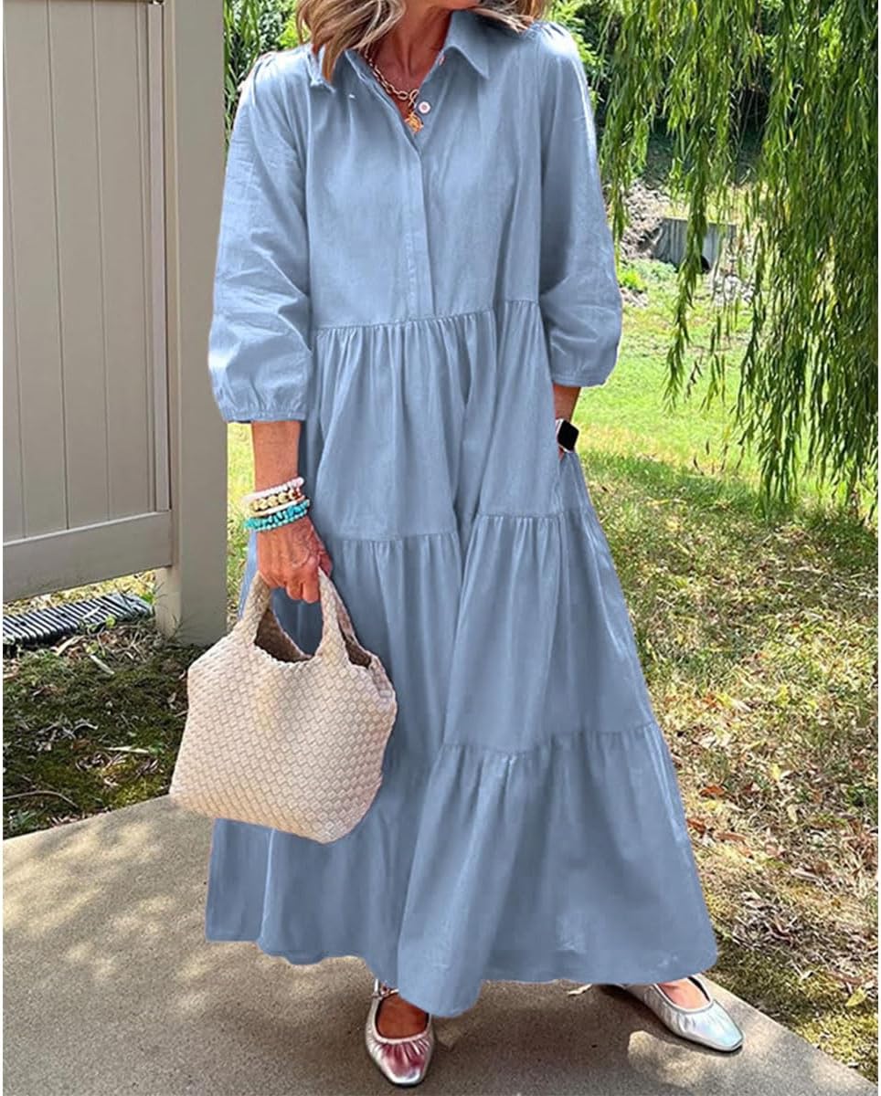 Casual Cotton Dresses for Women with Loose Fit,Women's Solid Color Lapel Neck Button Down 3/4 Sleeve Shirt Dress - Image 8