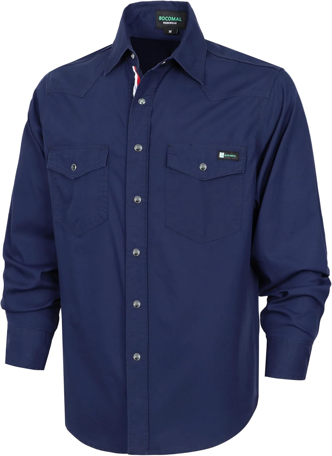 BOCOMAL Non FR - Men's Work Shirts Pearl Snap Down Long Sleeve Relaxed Fit - Lightweight 100% C Chambray, EX-Soft