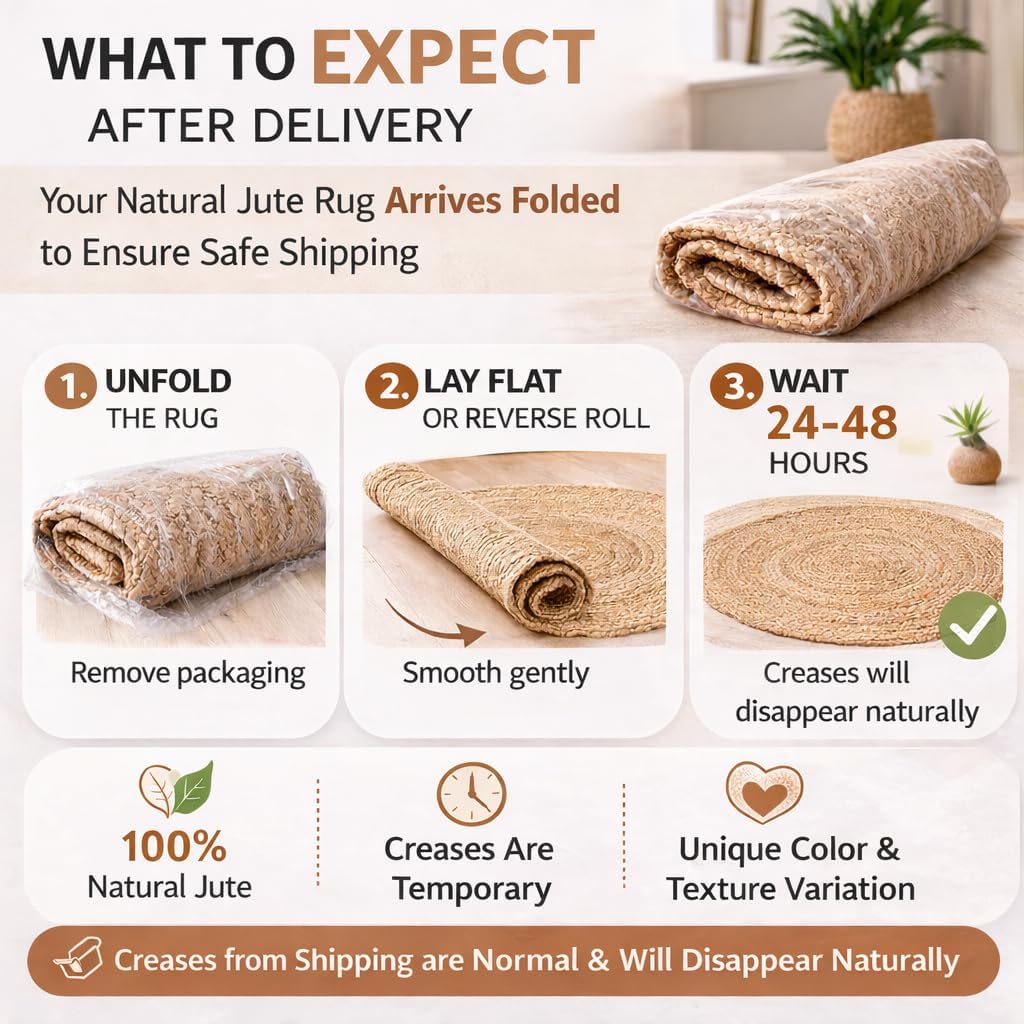 Hand Woven Jute Area Rug - 5' Round - Rustic Beige Reversible Farmhouse Rugs for Bedroom, Kitchen, Living Room - Vintage Natural Braided Entry Floor Décor Circle Boho Round Jute Rug 5 Foot
